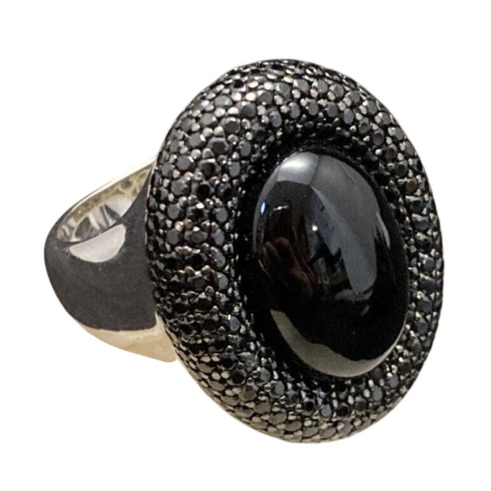 Sterling Silver Y 925 Black Oval Stone Black CZ‎ Pave Halo Ring Size 10 - 17.8g
